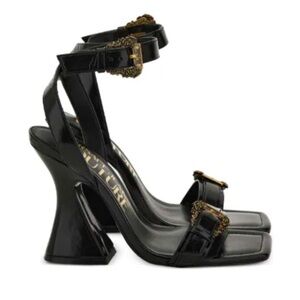 Black Patent Ankle-Strap Heels with Decorative Gold Buckles